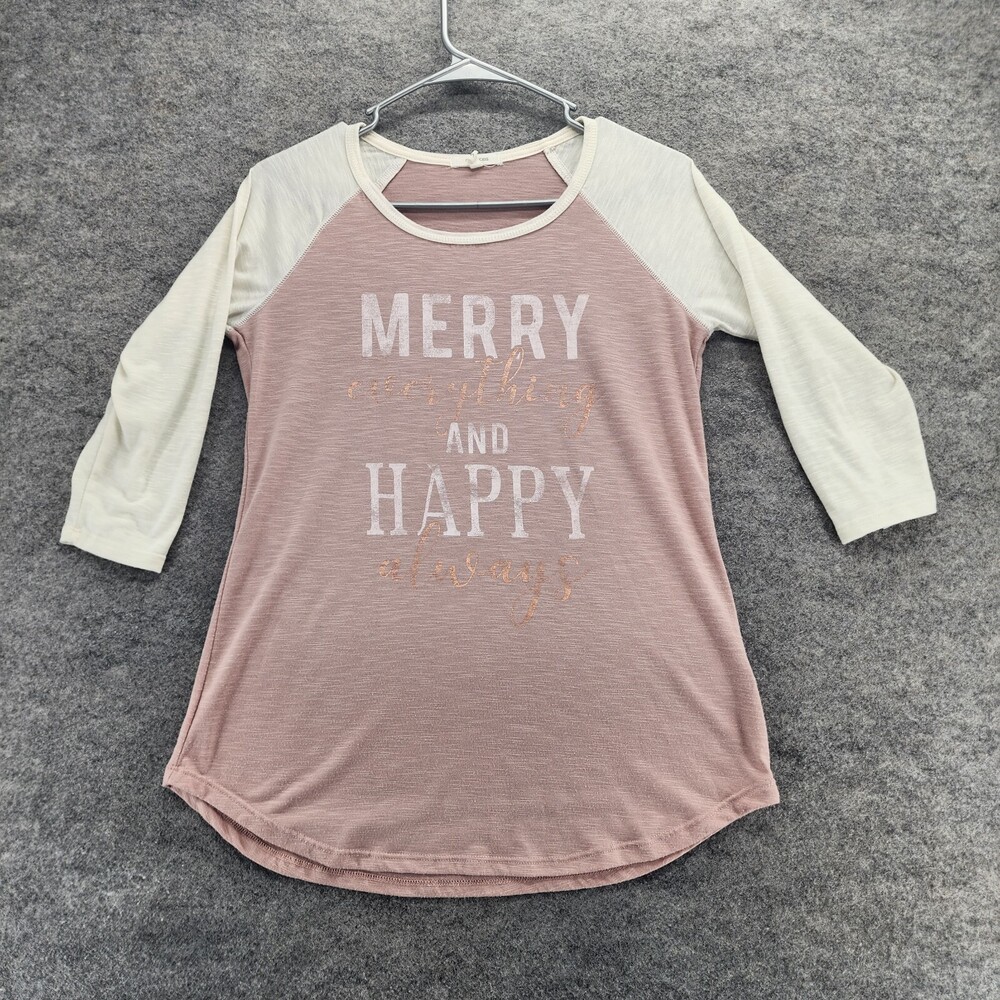 Maurices Shirt Womens Small 3/4 Sleeve Pink Raglan Merry Happy